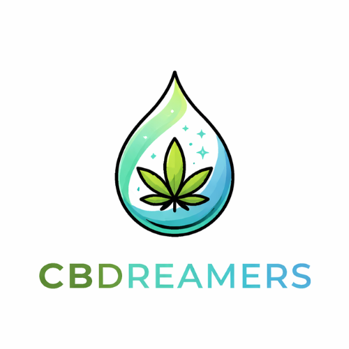 CBDreamers logo featuring a cannabis leaf inside a gradient teal water droplet with sparkles above the brand name.